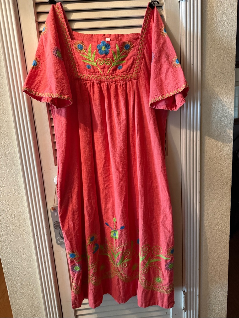 Uncle Frank Coral-Pink Embroidered Cotton Peasant Dress